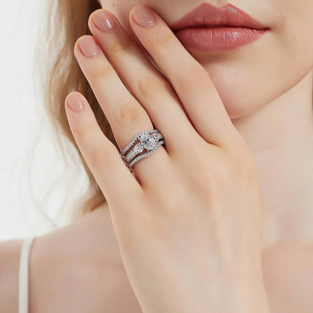 Model wearing 3-Stone Oval CZ Ring Set in Sterling Silver, 3 of 17