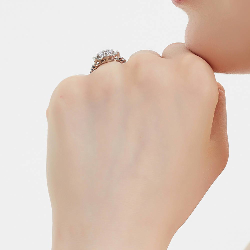 Model wearing Flower CZ Ring in Sterling Silver