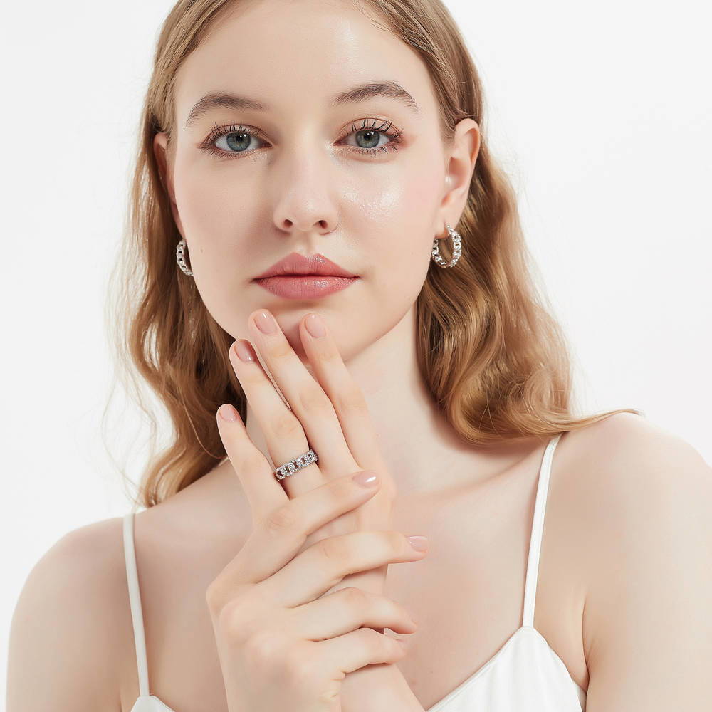 Model wearing Woven CZ Stackable Band in Sterling Silver