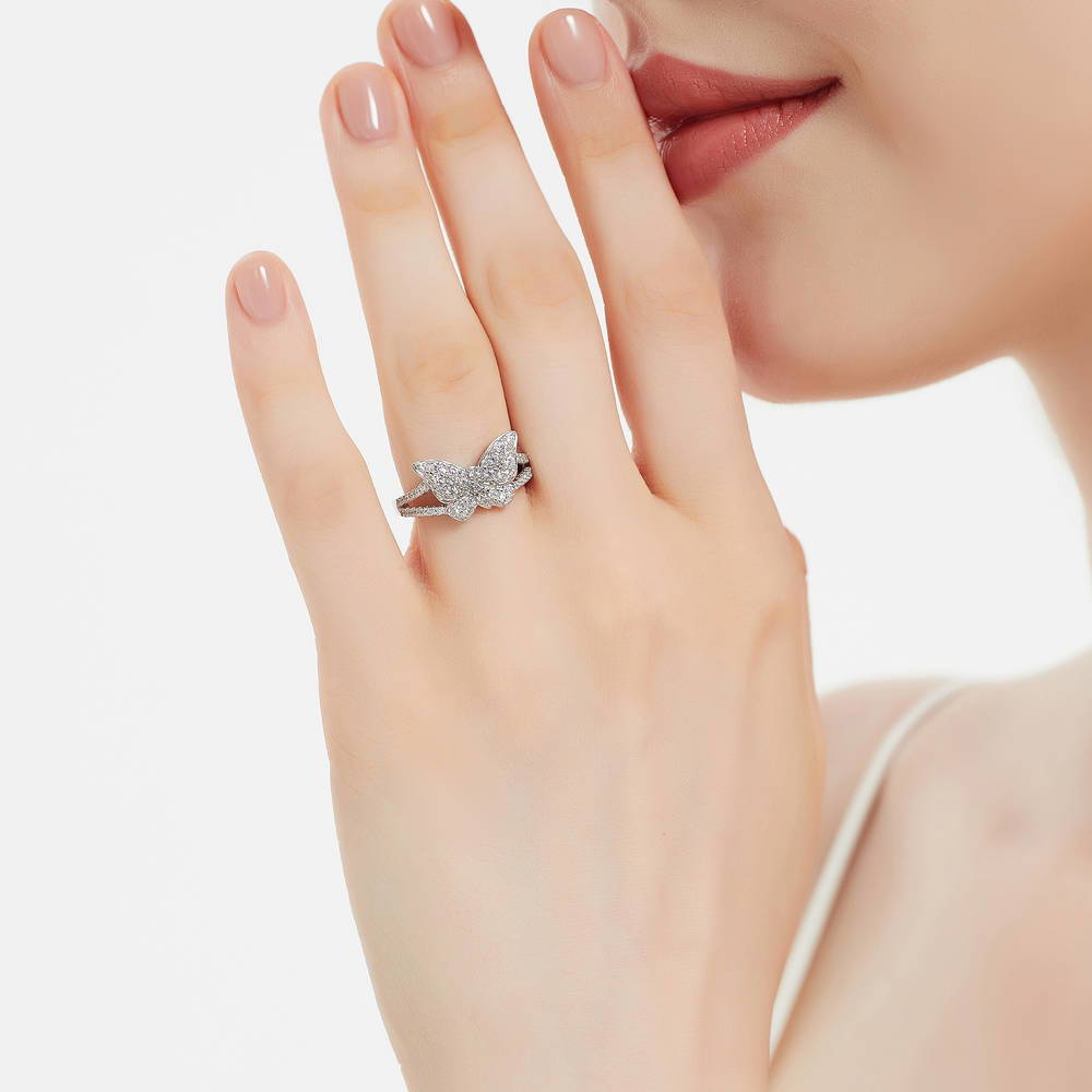 Model wearing Butterfly CZ Ring in Sterling Silver