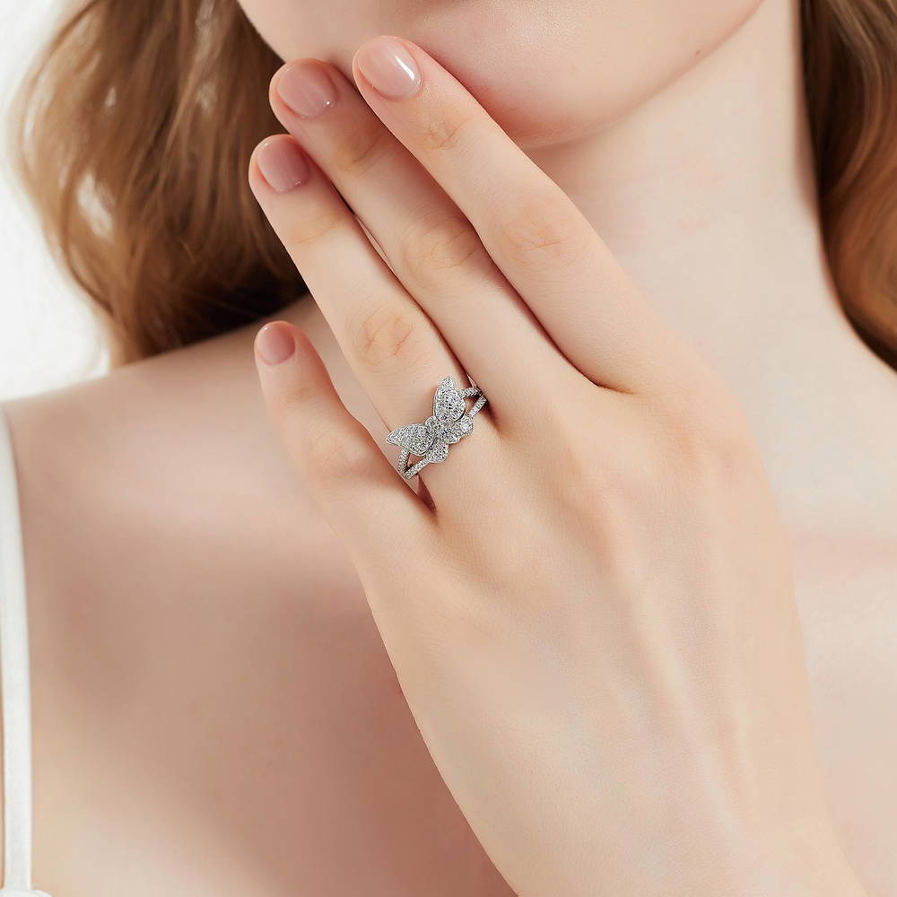 Model wearing Butterfly CZ Ring in Sterling Silver