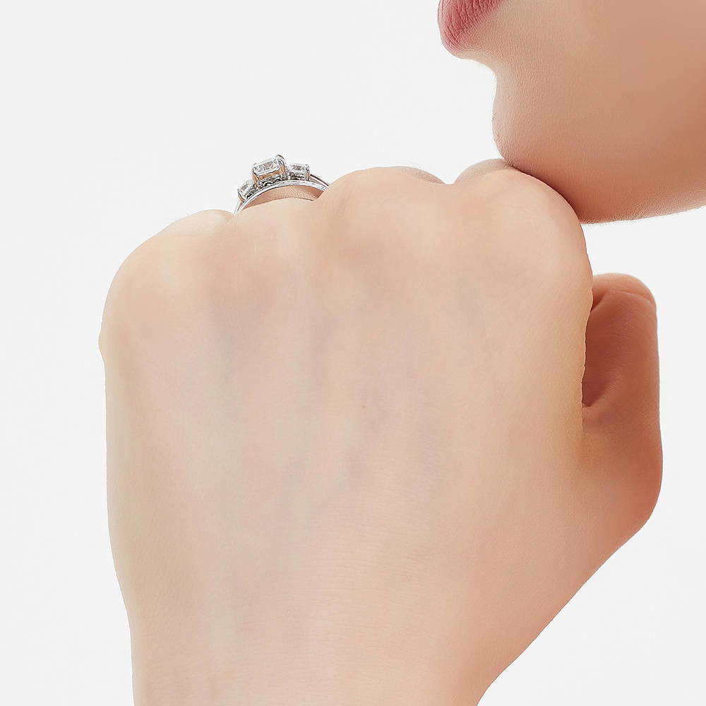 Model wearing 3-Stone Round CZ Ring Set in Sterling Silver