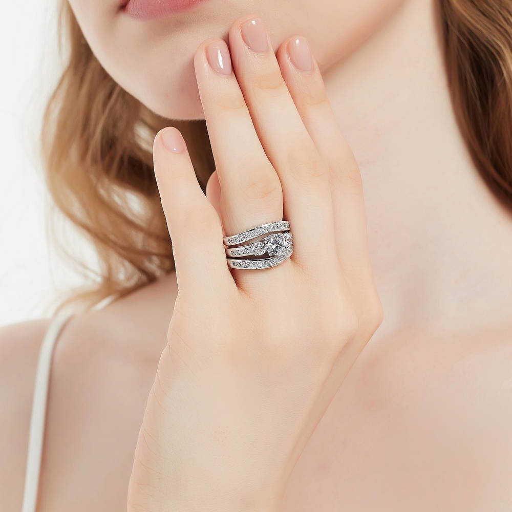 Model wearing 3-Stone Round CZ Ring Set in Sterling Silver