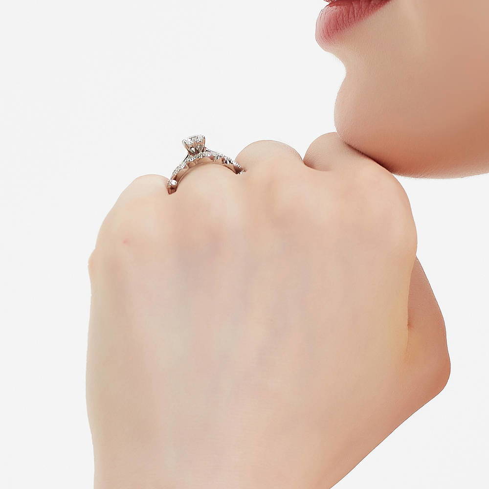 Model wearing Solitaire 0.45ct Round CZ Ring Set in Sterling Silver, 8 of 19