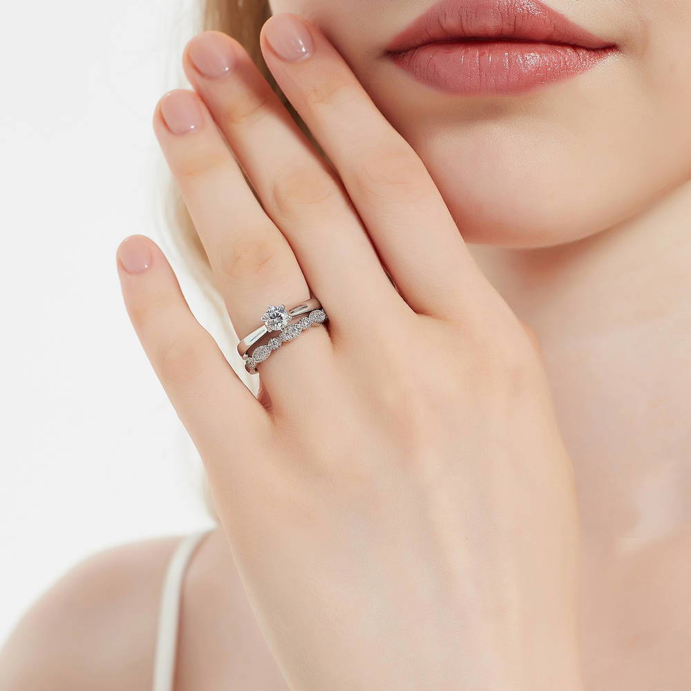 Model wearing Solitaire 0.45ct Round CZ Ring Set in Sterling Silver, 2 of 19
