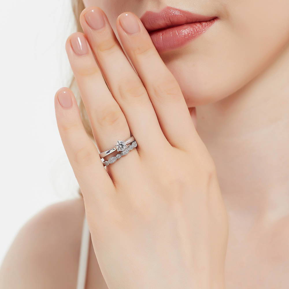 Model wearing Solitaire 0.45ct Round CZ Ring Set in Sterling Silver, 5 of 19