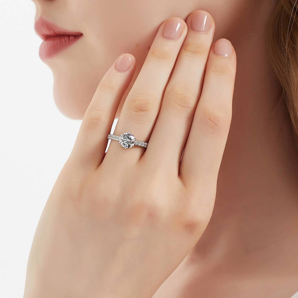 Model wearing Solitaire 1.25ct Round CZ Ring Set in Sterling Silver, 2 of 14