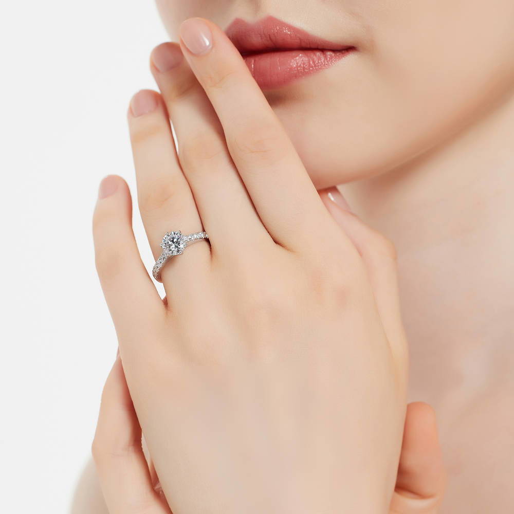 Model wearing Solitaire 1.25ct Round CZ Ring Set in Sterling Silver, 6 of 14