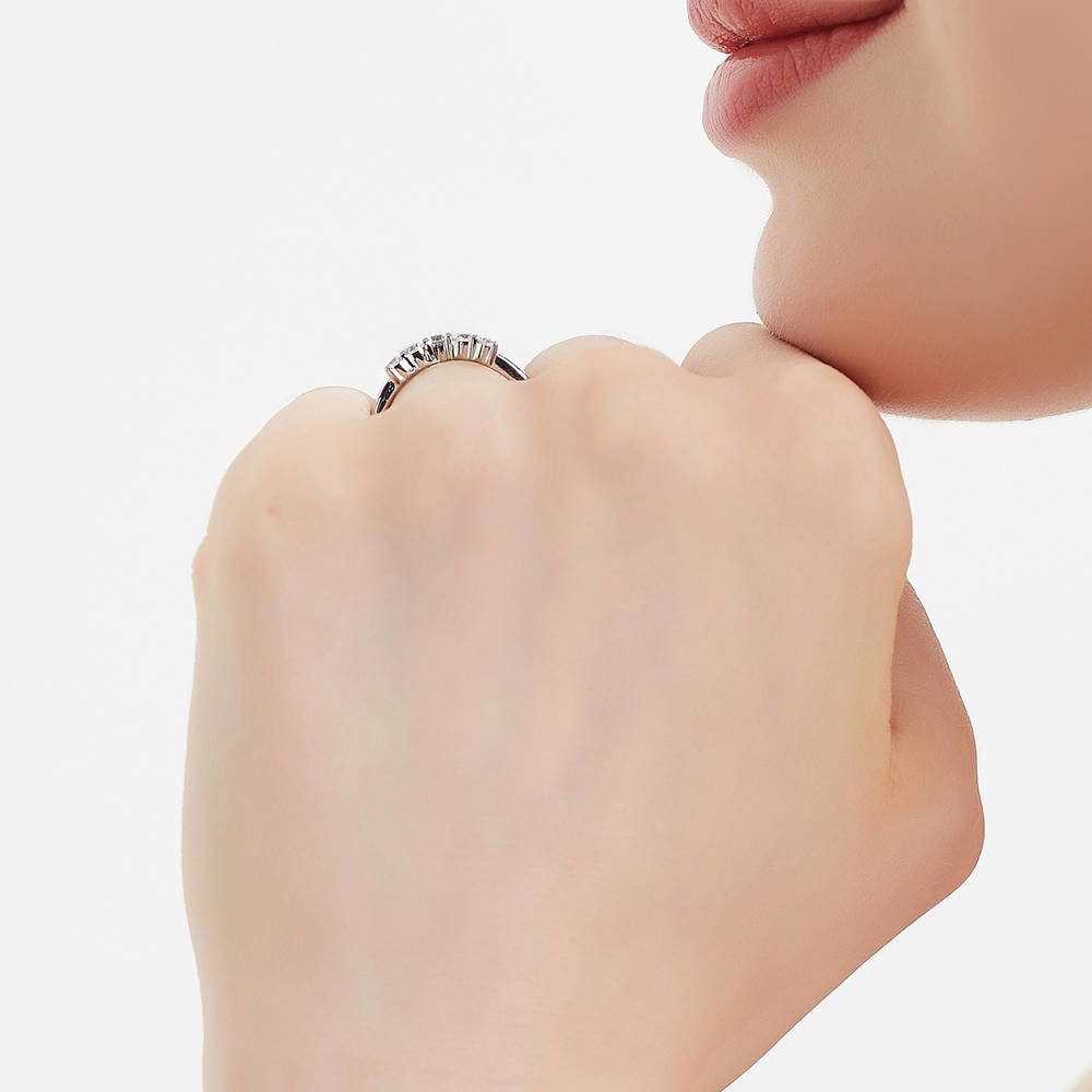 Model wearing 5-Stone Wishbone CZ Curved Band in Sterling Silver