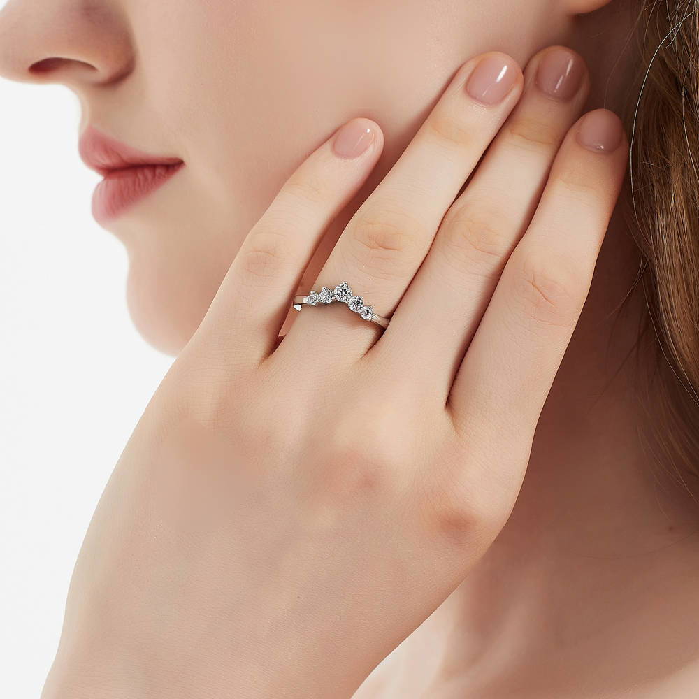 Model wearing 5-Stone Wishbone CZ Curved Band in Sterling Silver