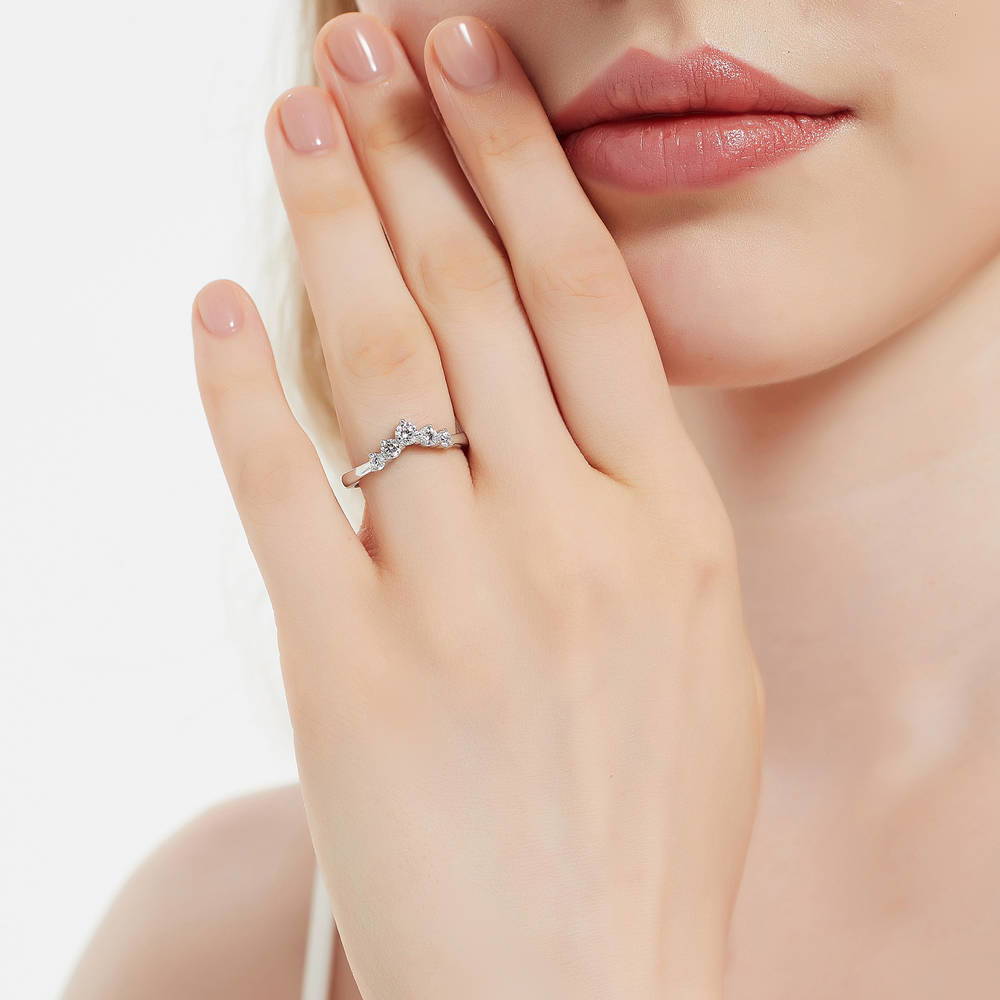 Model wearing 5-Stone Wishbone CZ Curved Band in Sterling Silver