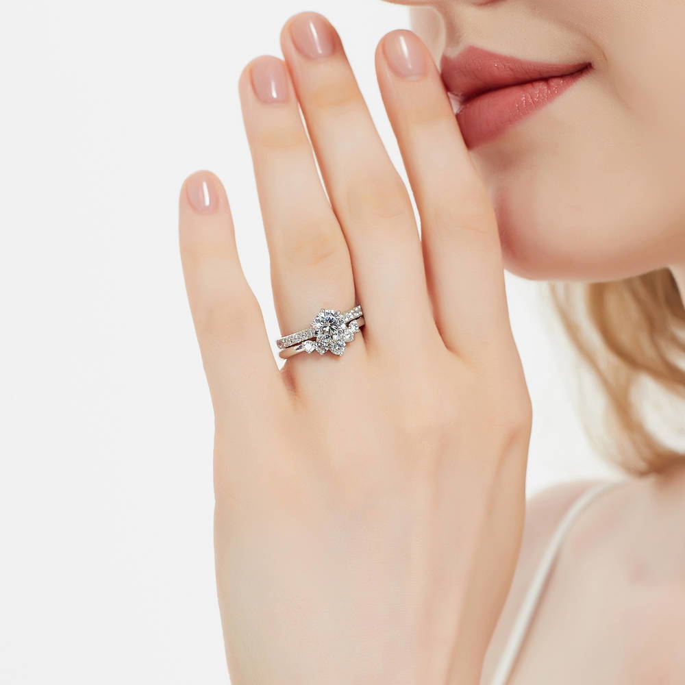 Model wearing 5-Stone Solitaire CZ Ring Set in Sterling Silver