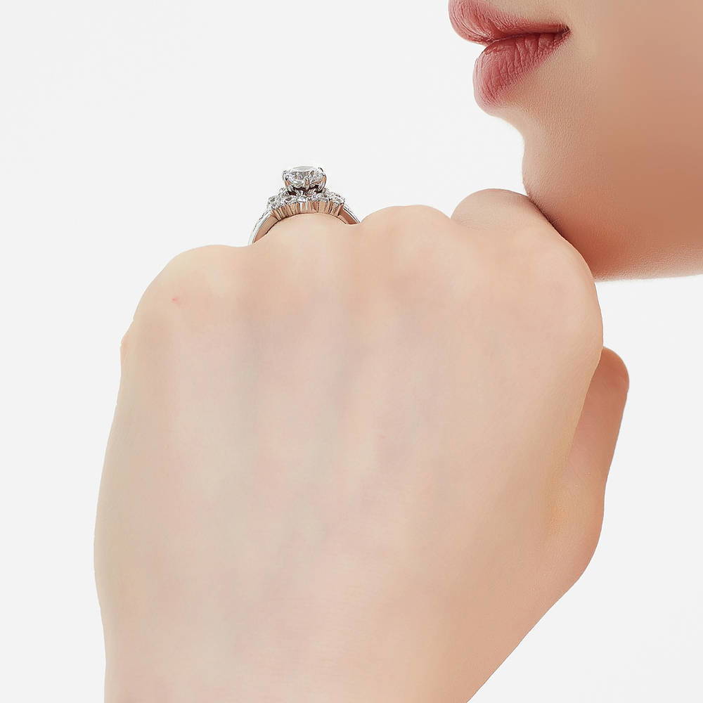 Model wearing 5-Stone Solitaire CZ Ring Set in Sterling Silver