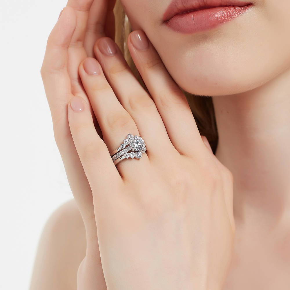 Model wearing 5-Stone Solitaire CZ Ring Set in Sterling Silver