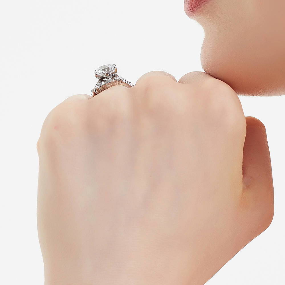 Model wearing 5-Stone Solitaire CZ Ring Set in Sterling Silver, 7 of 17