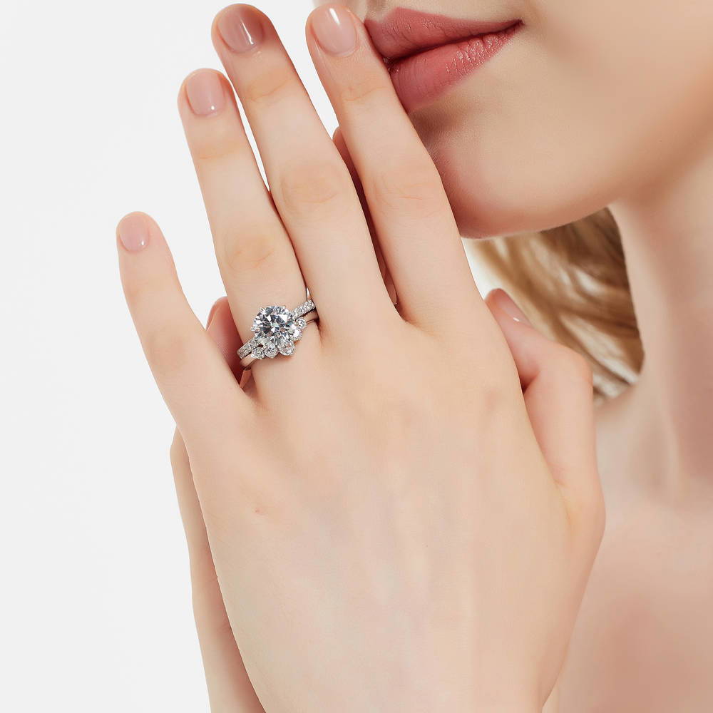 Model wearing 5-Stone Solitaire CZ Ring Set in Sterling Silver, 3 of 17