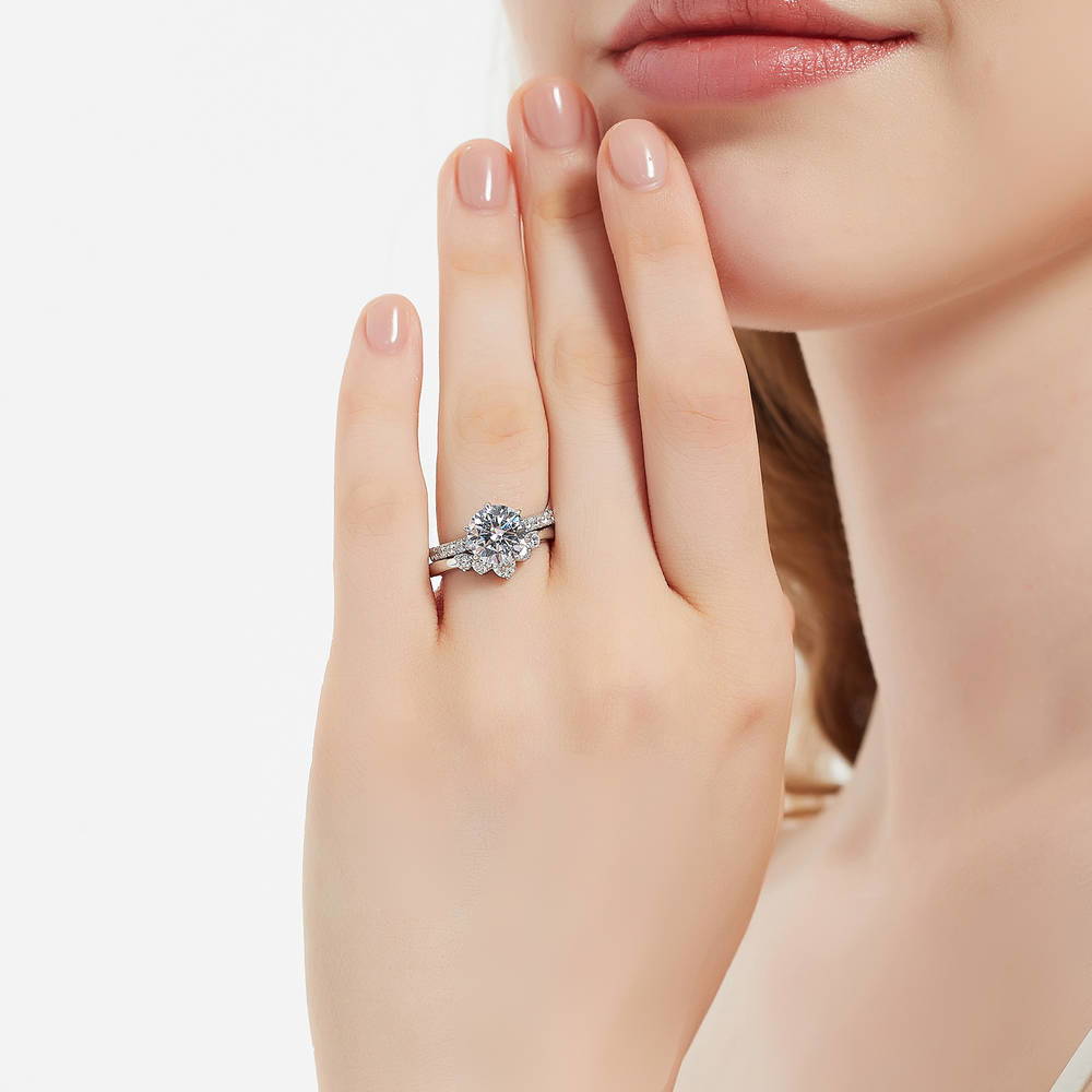 Model wearing 5-Stone Solitaire CZ Ring Set in Sterling Silver, 2 of 17