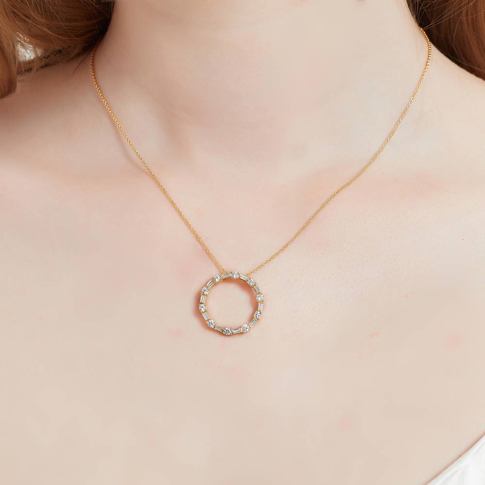 Model wearing Open Circle CZ Pendant Necklace in Gold Flashed Sterling Silver, 2 of 7