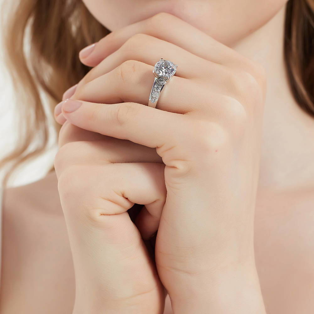 Model wearing Solitaire 2.7ct Round CZ Ring Set in Sterling Silver, 13 of 20