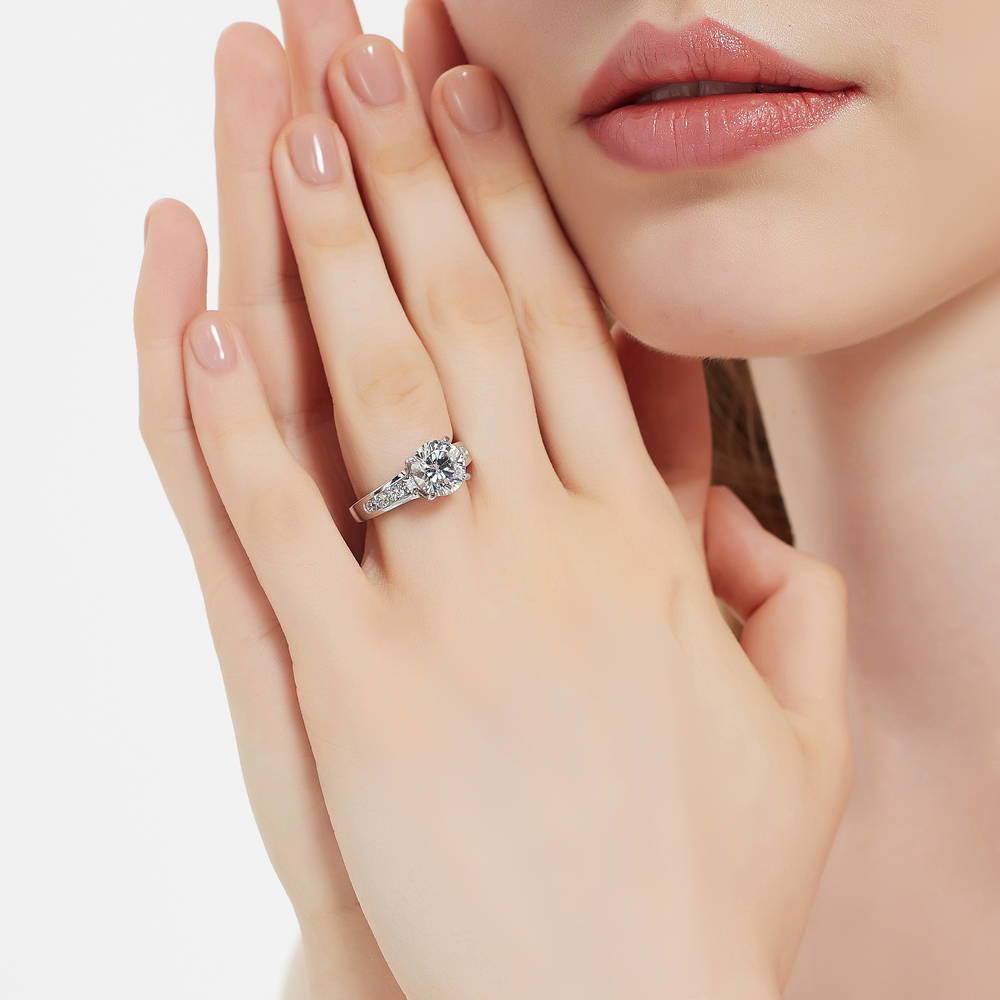 Model wearing Solitaire 2.7ct Round CZ Ring Set in Sterling Silver, 12 of 20