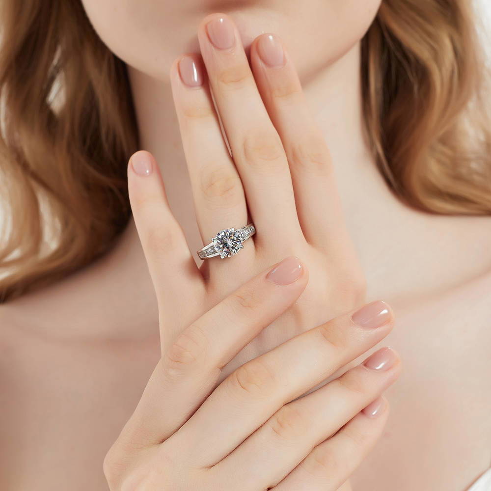 Model wearing Solitaire 2.7ct Round CZ Ring Set in Sterling Silver, 9 of 20