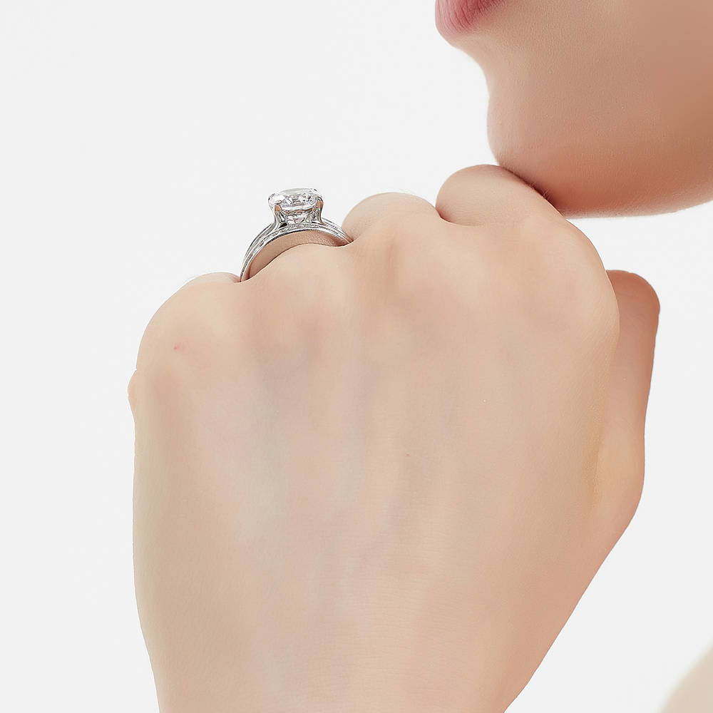 Model wearing Solitaire 2.7ct Round CZ Ring Set in Sterling Silver