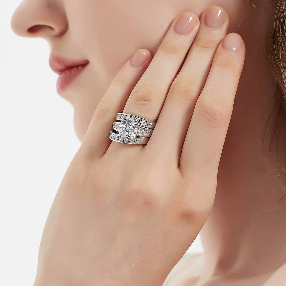 Model wearing Solitaire 2.7ct Round CZ Ring Set in Sterling Silver, 2 of 20
