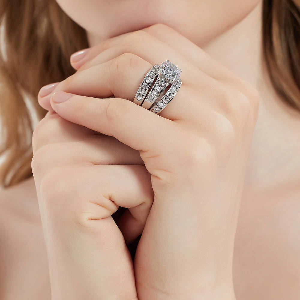 Model wearing Solitaire 2.7ct Round CZ Ring Set in Sterling Silver