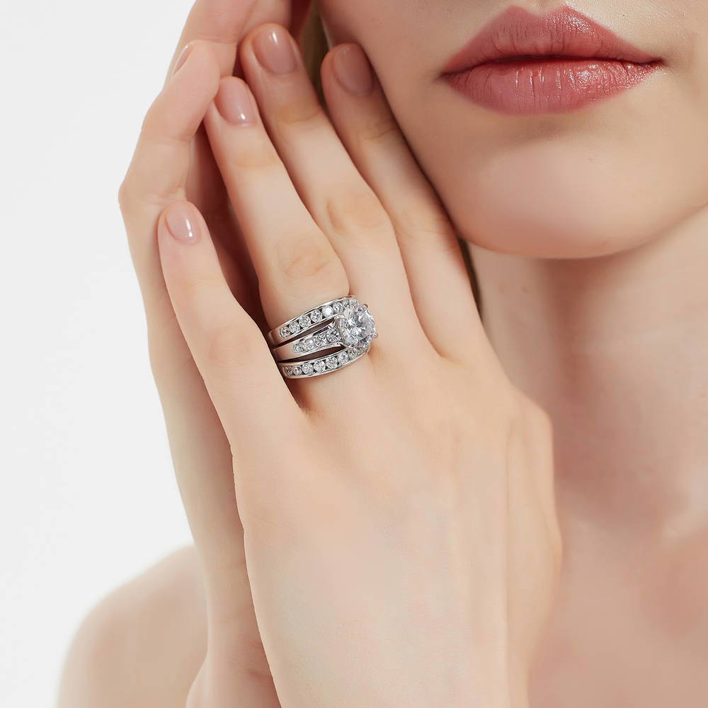 Model wearing Solitaire 2.7ct Round CZ Ring Set in Sterling Silver