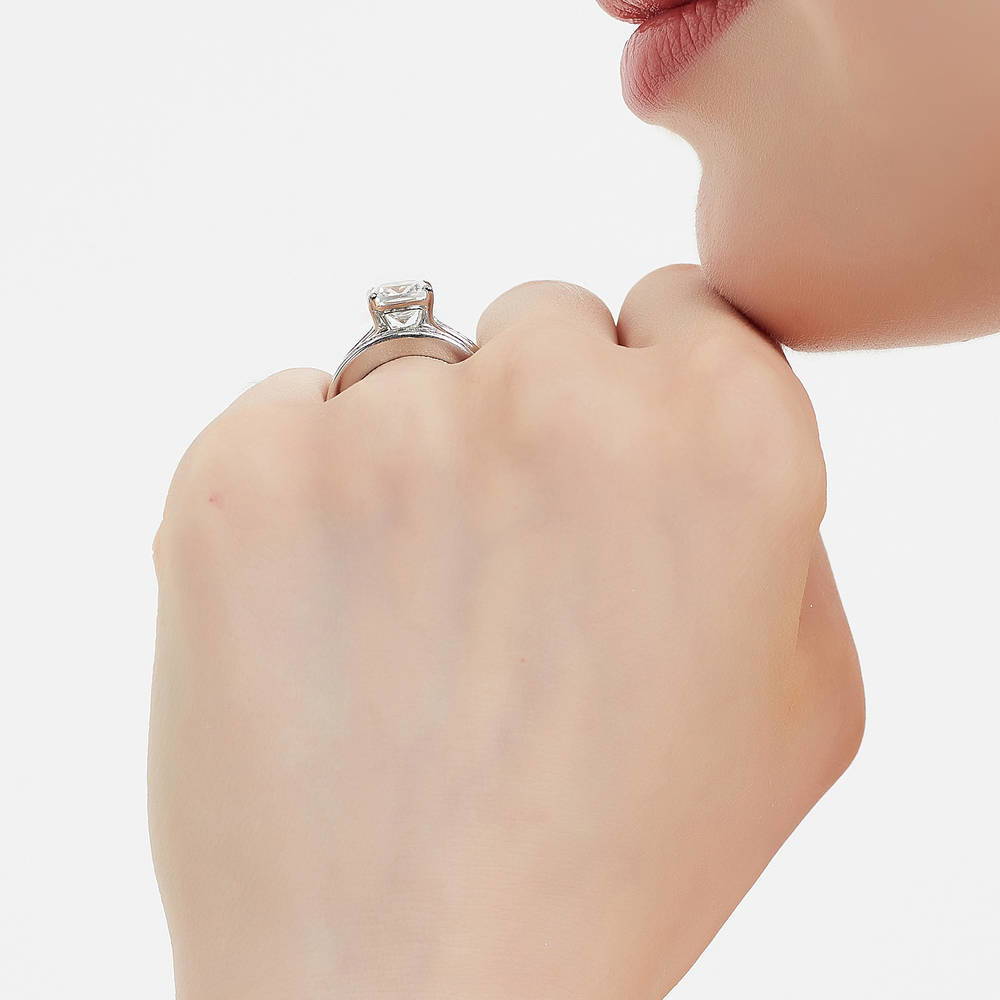 Model wearing Solitaire 3ct Cushion CZ Ring Set in Sterling Silver