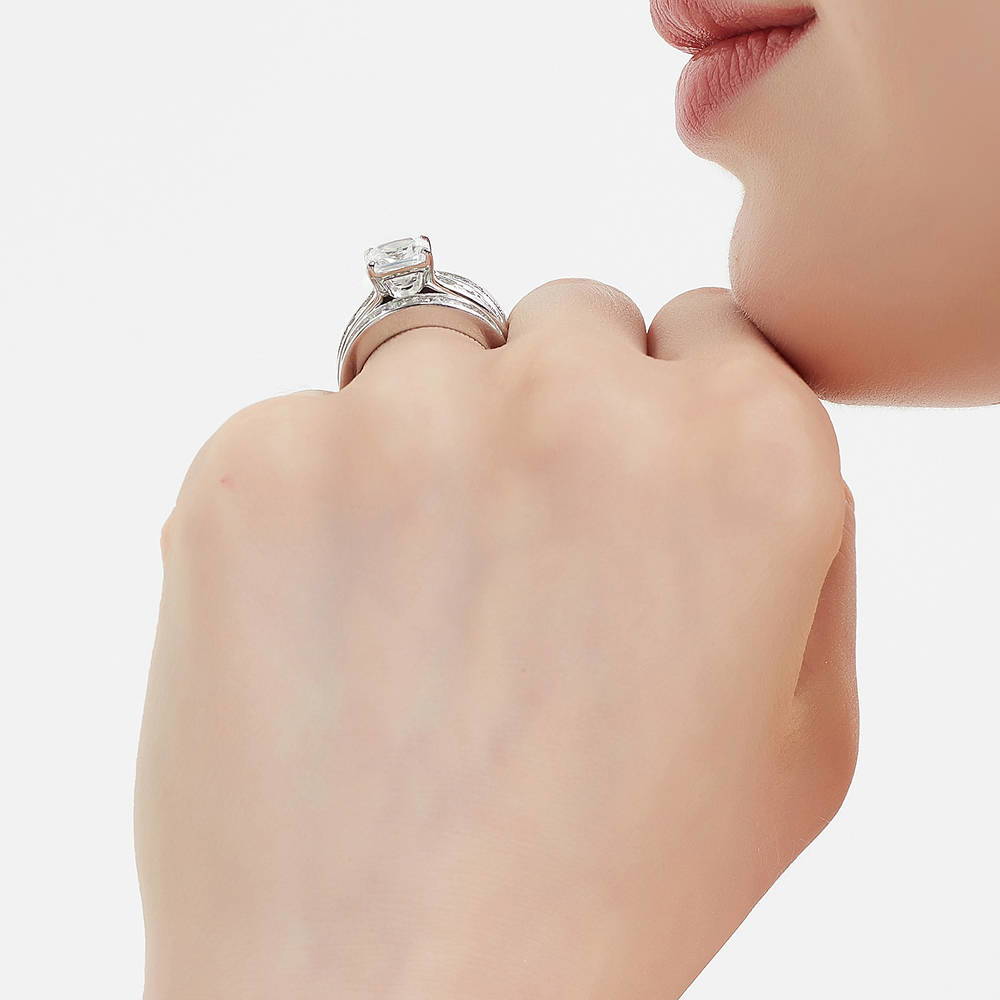 Model wearing Solitaire 3ct Cushion CZ Ring Set in Sterling Silver