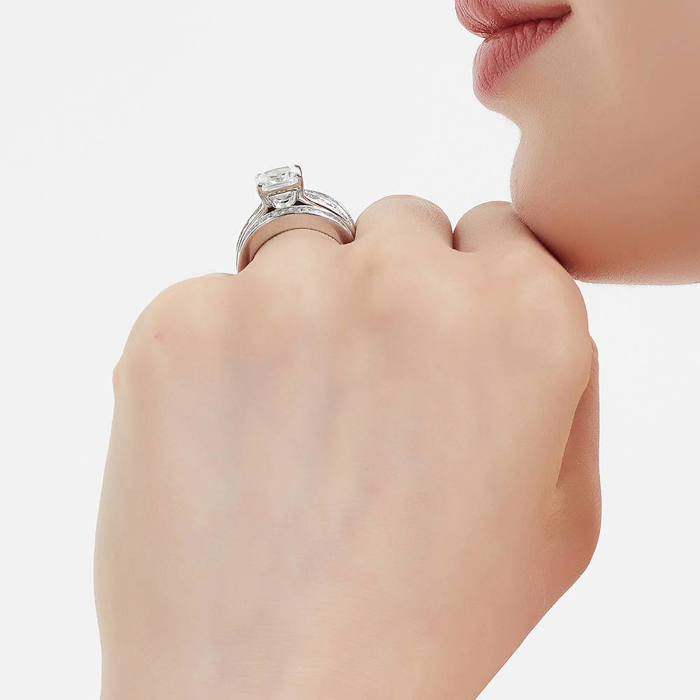 Model wearing Solitaire 3ct Cushion CZ Ring Set in Sterling Silver, 7 of 17