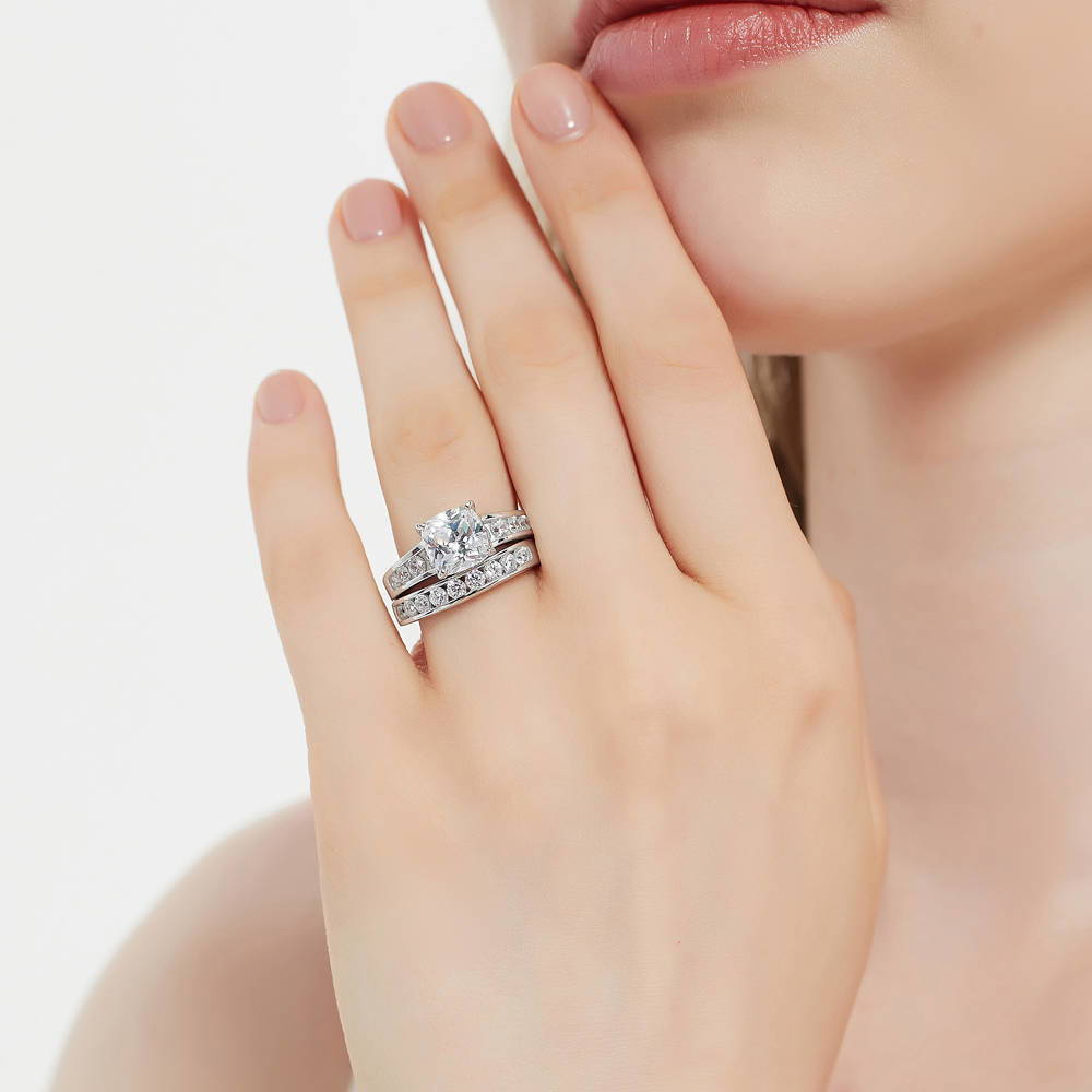 Model wearing Solitaire 3ct Cushion CZ Ring Set in Sterling Silver