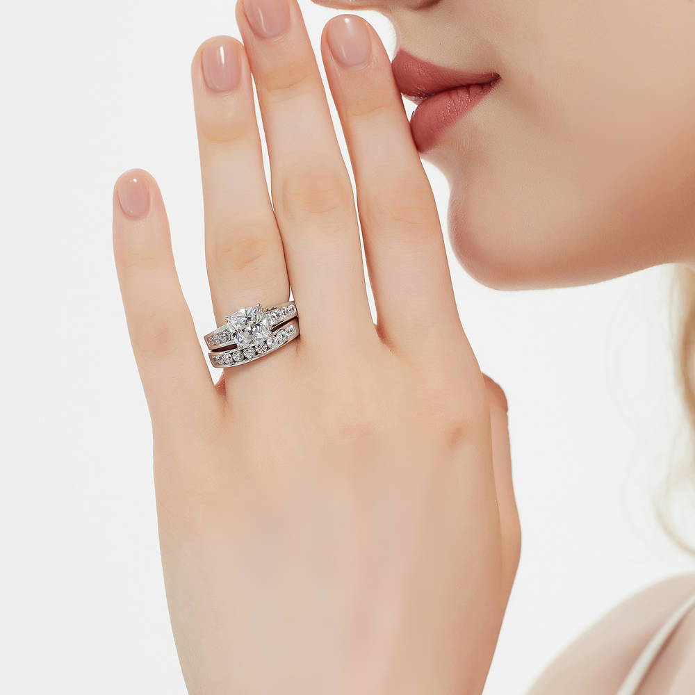 Model wearing Solitaire 3ct Cushion CZ Ring Set in Sterling Silver