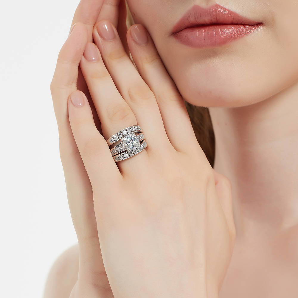 Model wearing Solitaire 3ct Cushion CZ Ring Set in Sterling Silver