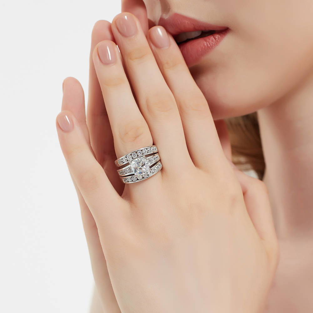 Model wearing Solitaire 3ct Cushion CZ Ring Set in Sterling Silver, 2 of 17