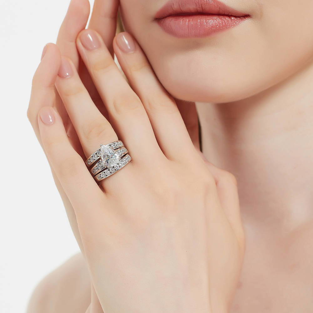 Model wearing Solitaire 3ct Pear CZ Ring Set in Sterling Silver, 3 of 18