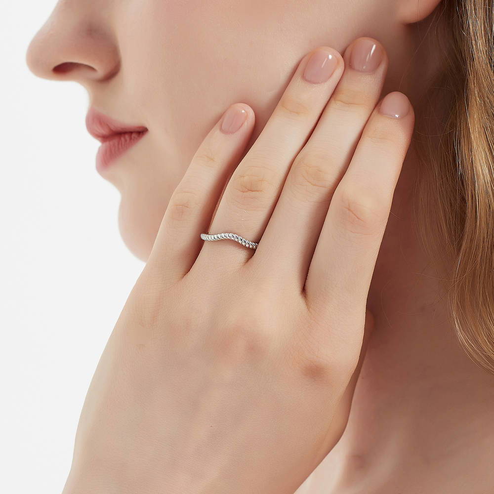 Model wearing Woven Curved Band in Sterling Silver