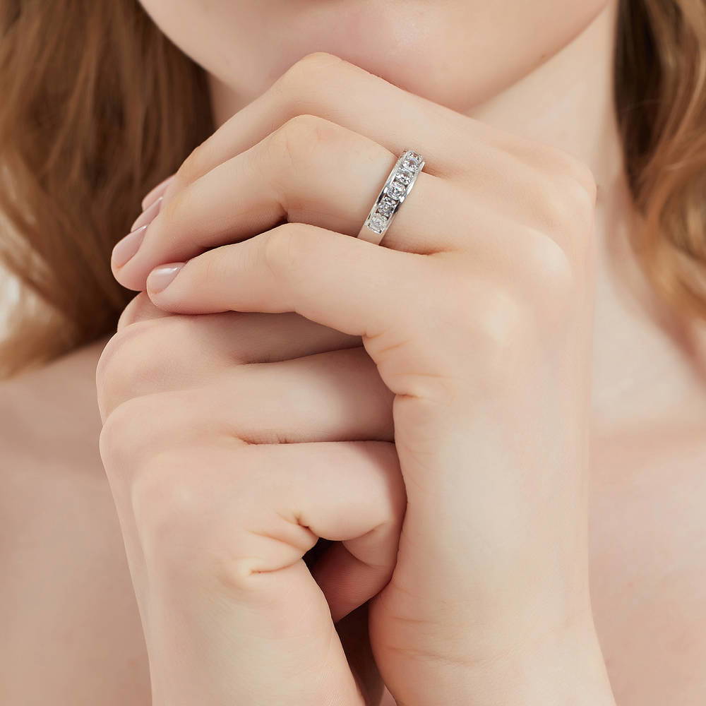 Model wearing Channel Set Asscher CZ Half Eternity Ring in Sterling Silver