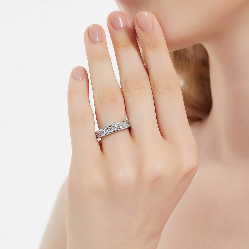 Model wearing Channel Set Asscher CZ Half Eternity Ring in Sterling Silver