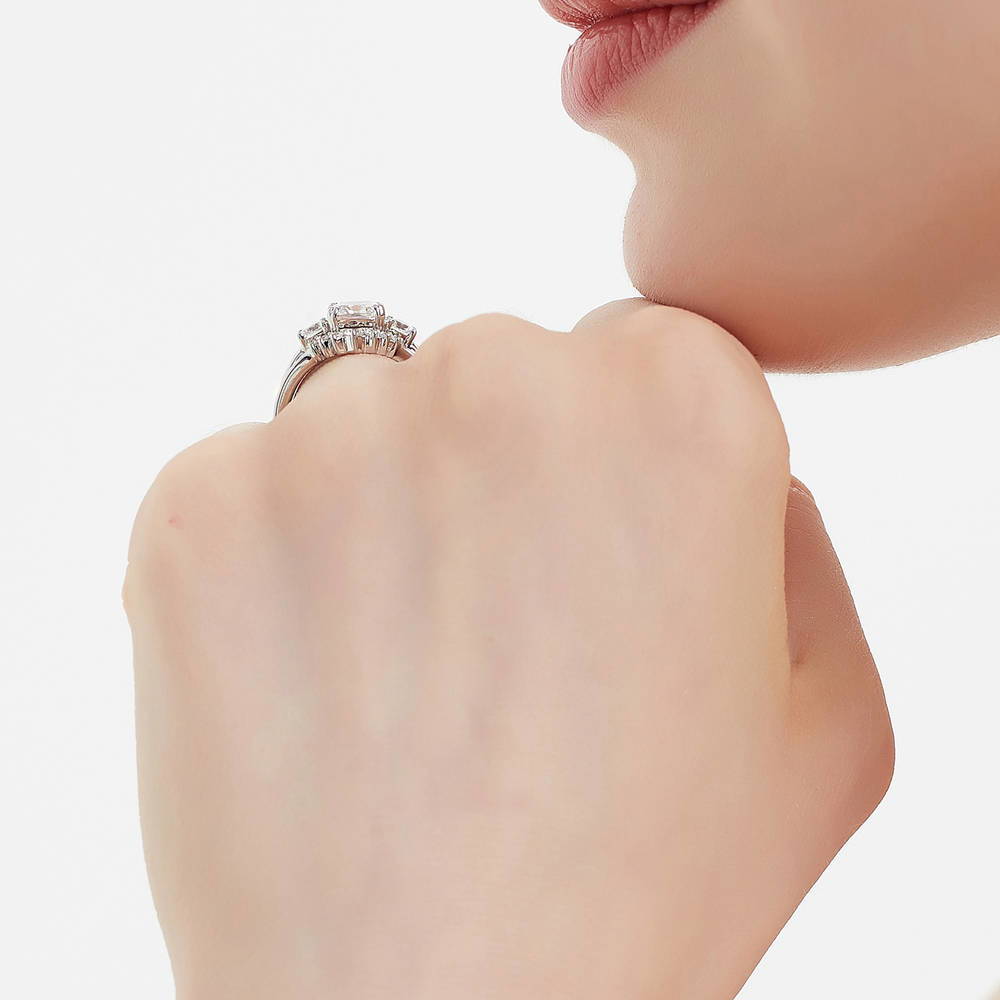 Model wearing 3-Stone 7-Stone Cushion CZ Ring Set in Sterling Silver