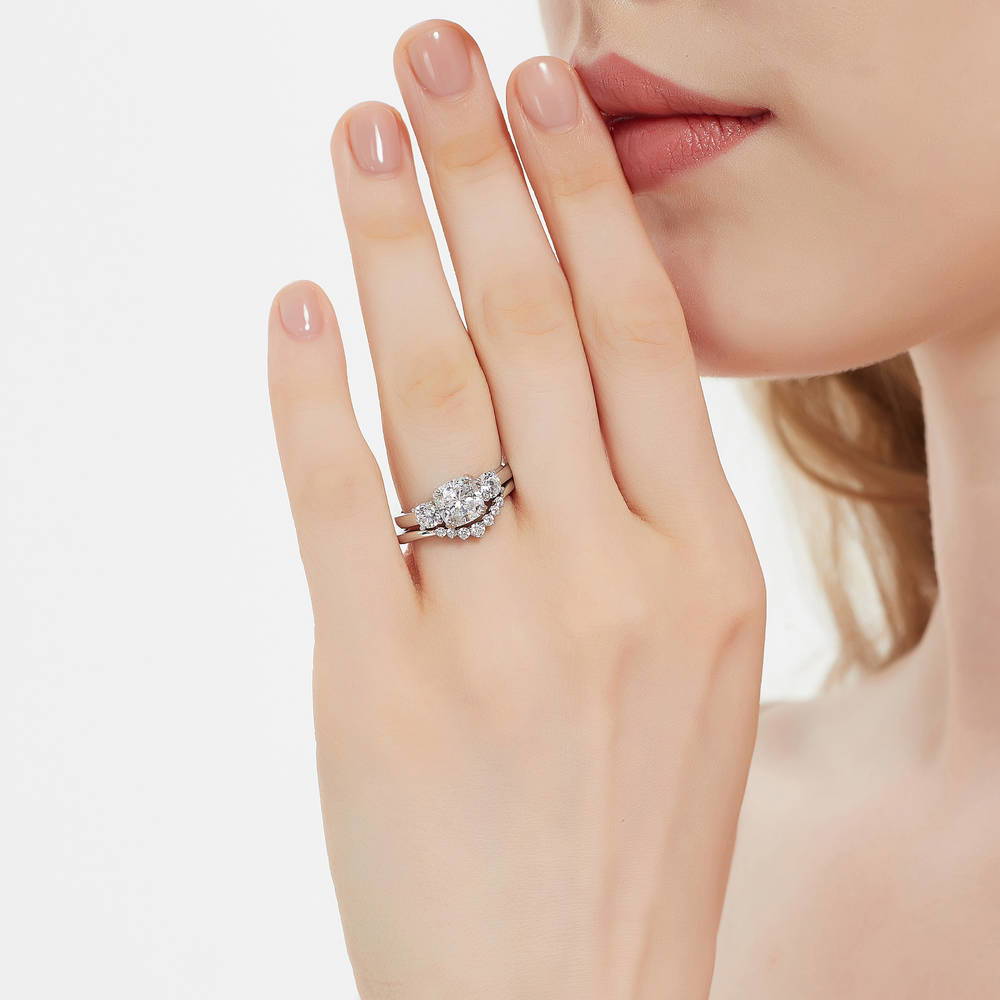 Model wearing 3-Stone 7-Stone Cushion CZ Ring Set in Sterling Silver