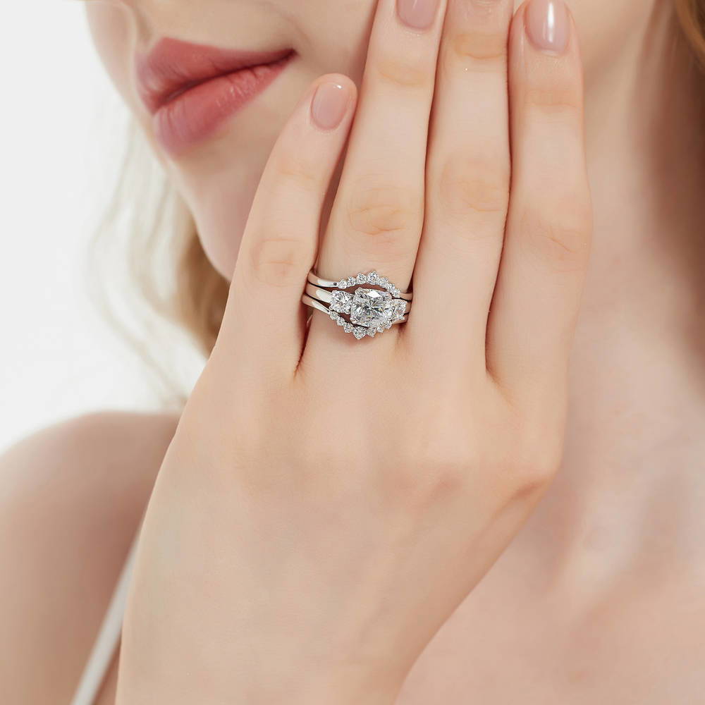 Model wearing 3-Stone 7-Stone Cushion CZ Ring Set in Sterling Silver