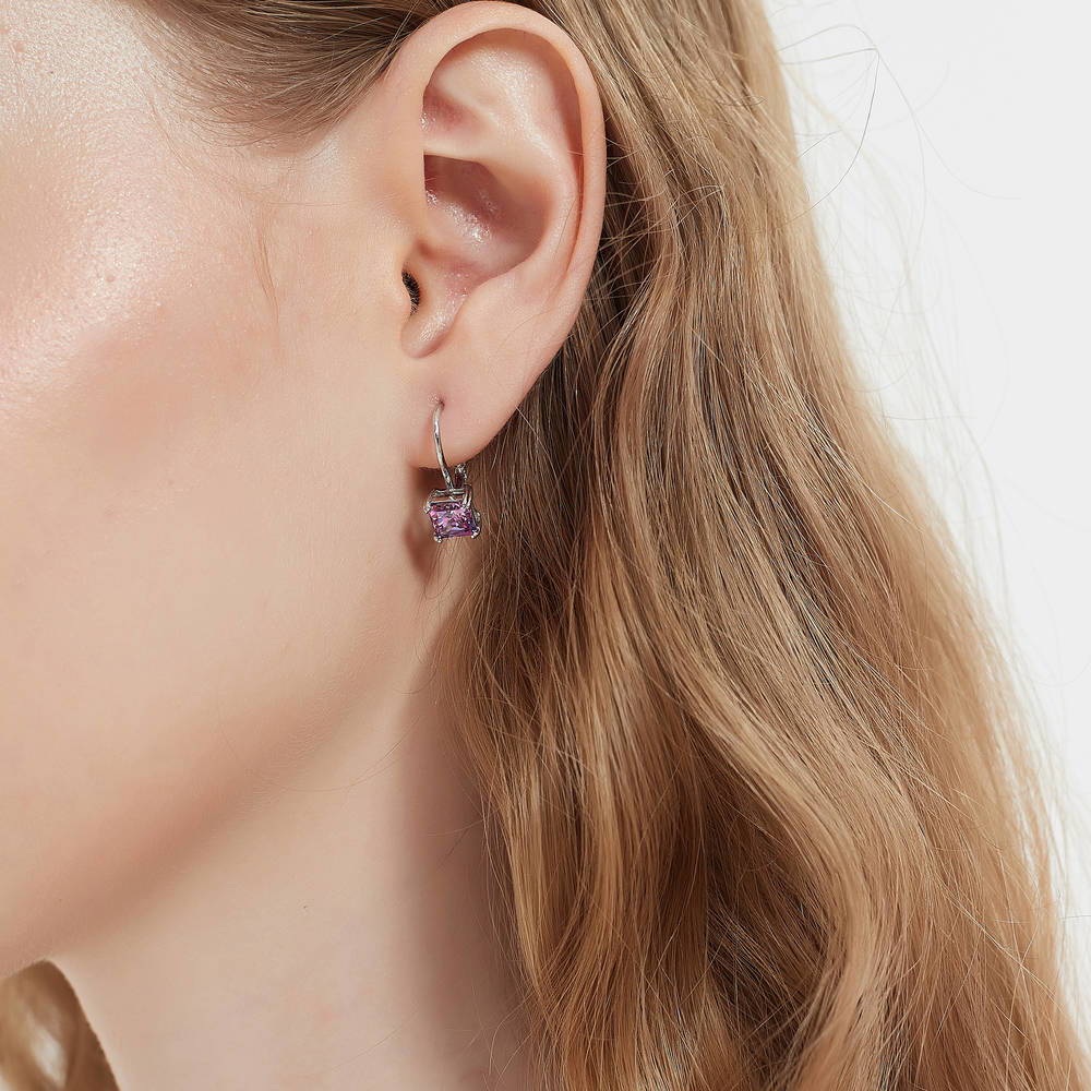 Model wearing Solitaire Princess CZ Leverback Earrings in Sterling Silver 2.4ct