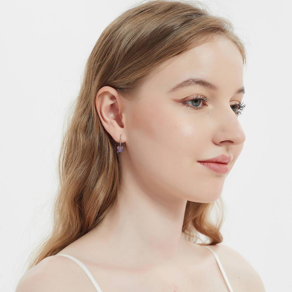 Model wearing Solitaire Princess CZ Leverback Earrings in Sterling Silver 2.4ct