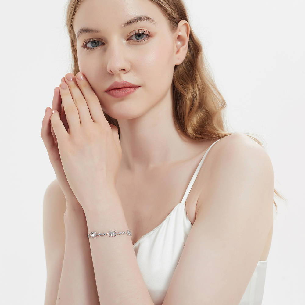 Model wearing Art Deco CZ Chain Bracelet in Sterling Silver