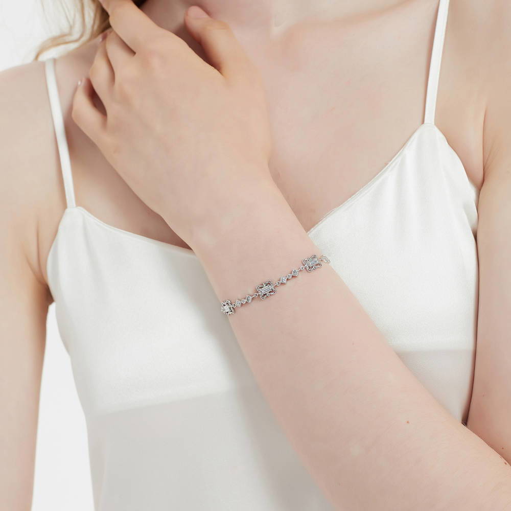 Model wearing Art Deco CZ Chain Bracelet in Sterling Silver