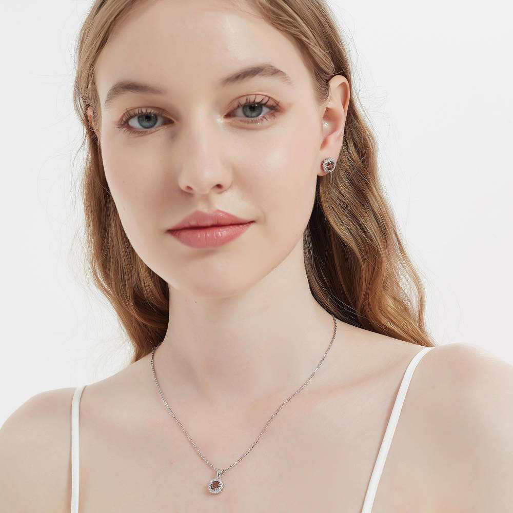 Model wearing Halo Caramel Round CZ Necklace and Earrings Set in Sterling Silver, 3 of 13