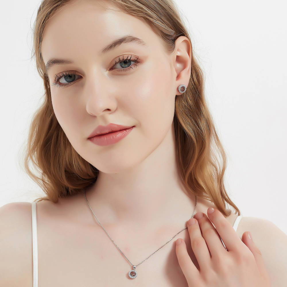 Model wearing Halo Caramel Round CZ Pendant Necklace in Sterling Silver