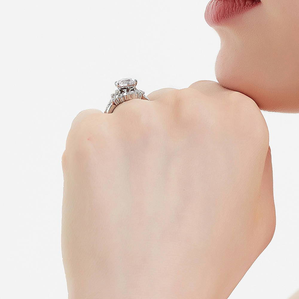 Model wearing 5-Stone Solitaire CZ Ring Set in Sterling Silver